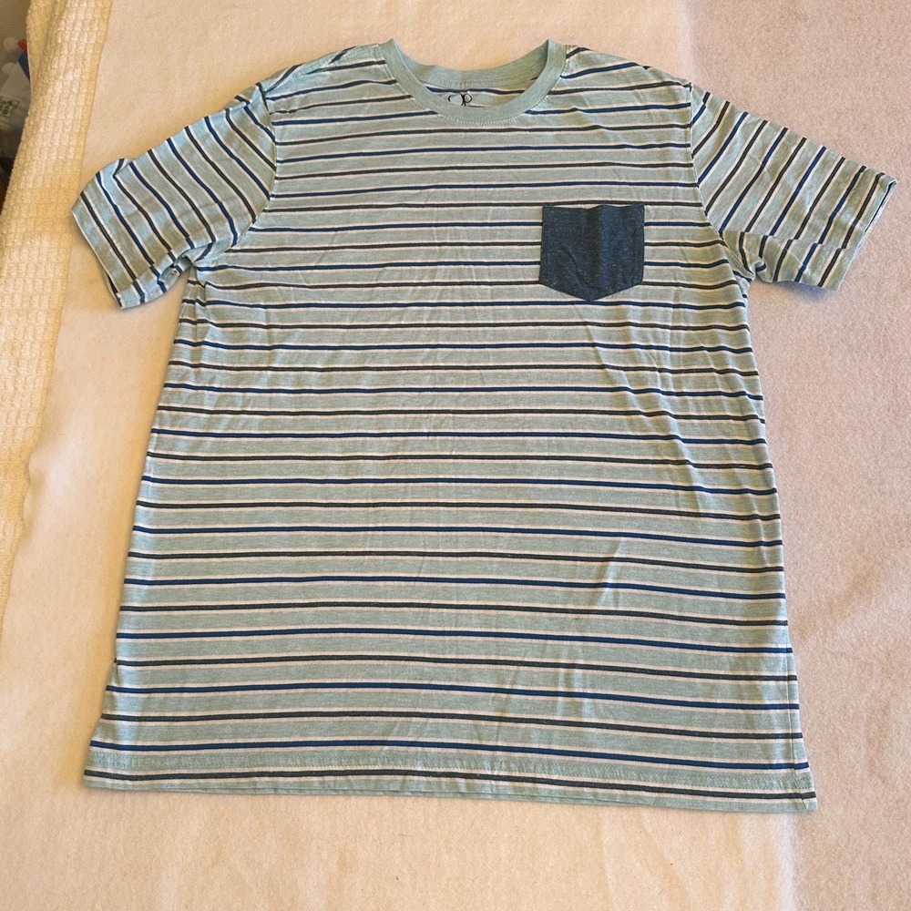 VTG OP Ocean Pacific Striped T Shirt Mens Large Blue Pocket Cotton Tee Beach